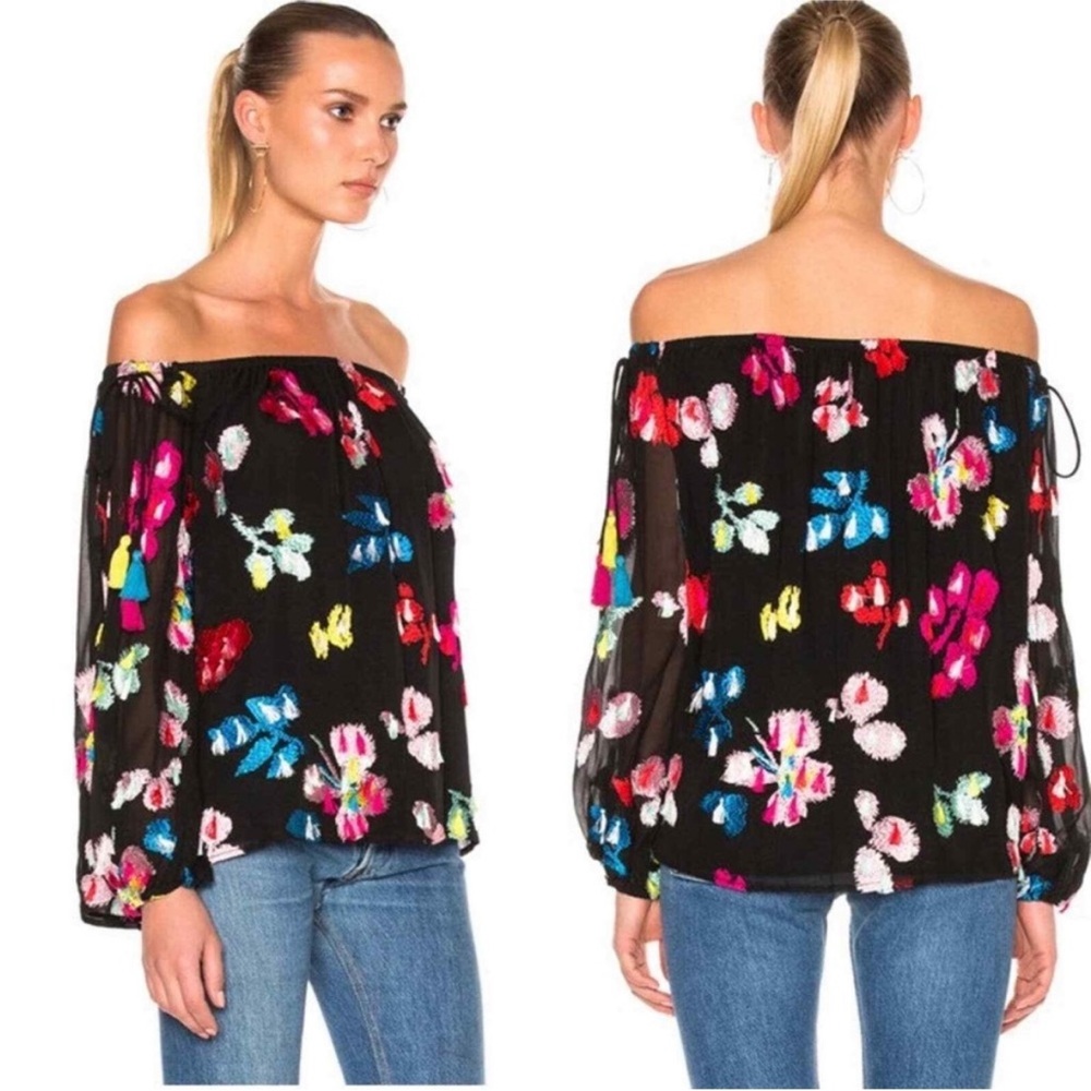 Tanya Taylor Tess Off-the-Shoulder Floral Georgette Tassel Top